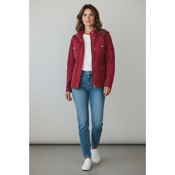 kenzie Jackets & Blazers - Kensie Jeans Red Utility Military Jacket Women’s M Cotton Snap Zip Cargo Pockets